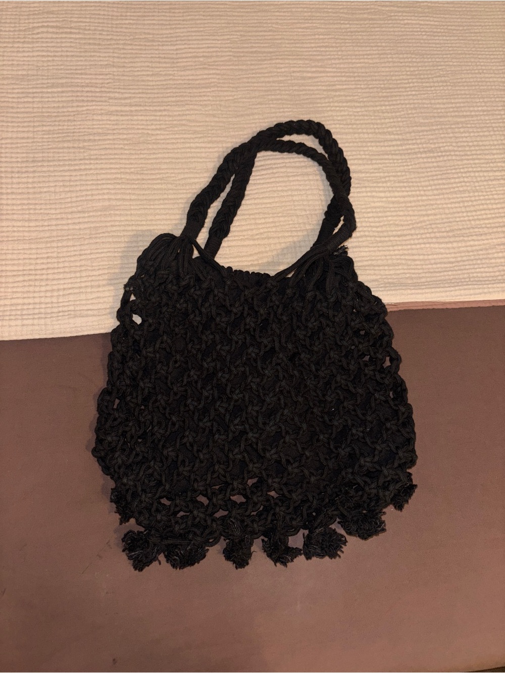 Handwoven Black Macramé Tote Bag with Braided Handles